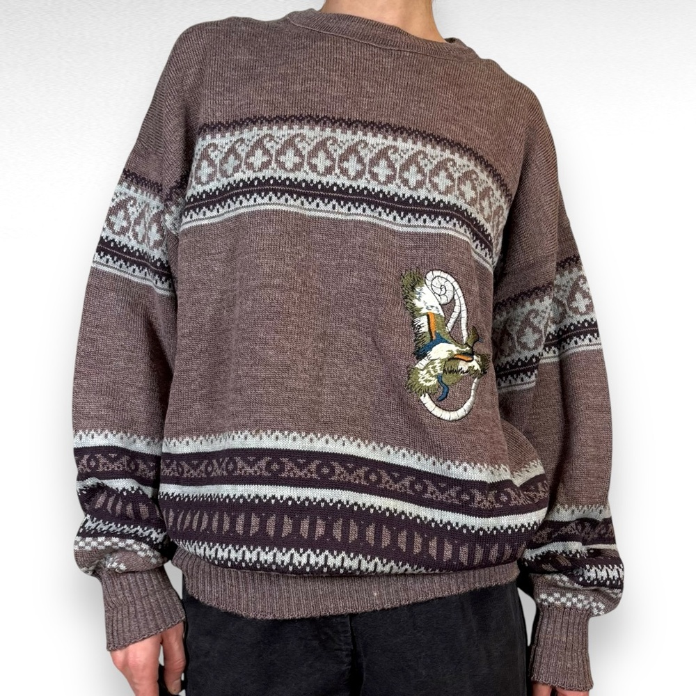 Vintage Wool Crewneck Sweater Purple White Embroidered Fisherman Grandpa Sz XL
